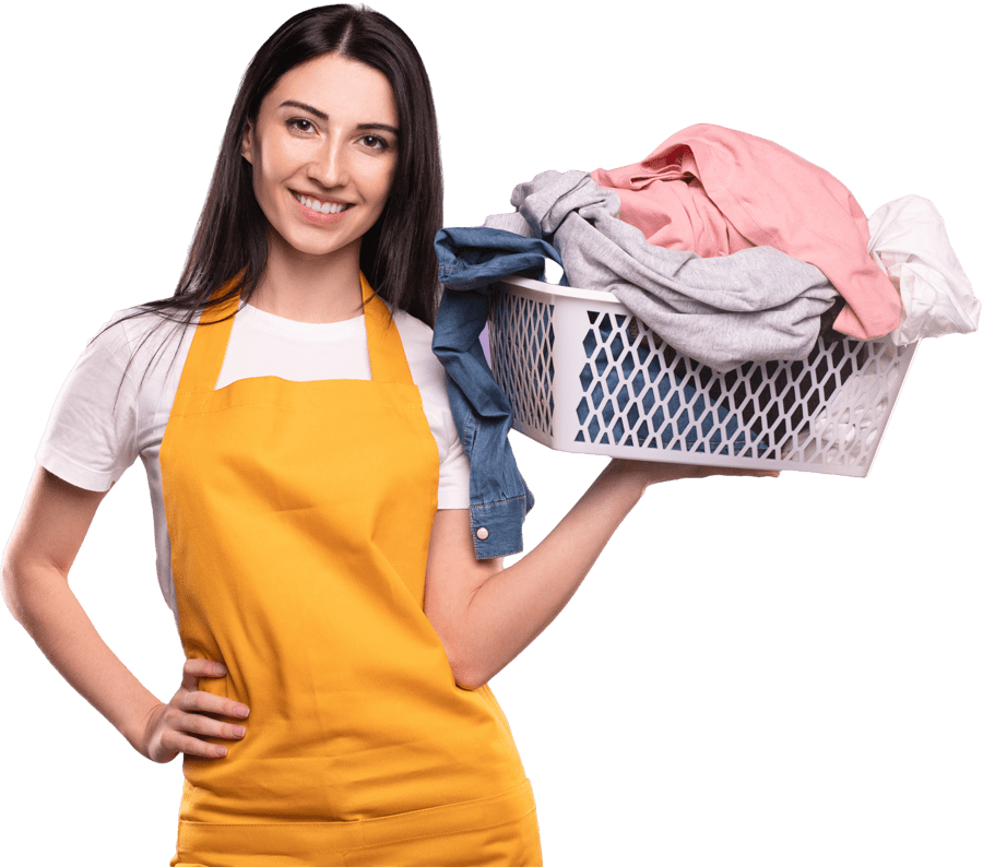 happy housewife in apron with laundry JR88DVX min e1702965126830